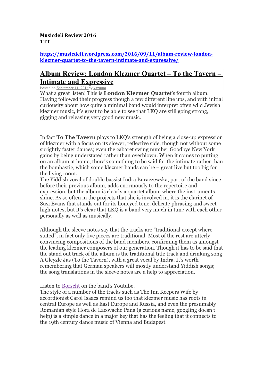 Album Review: London Klezmer Quartet to the Tavern Intimate Andexpressive