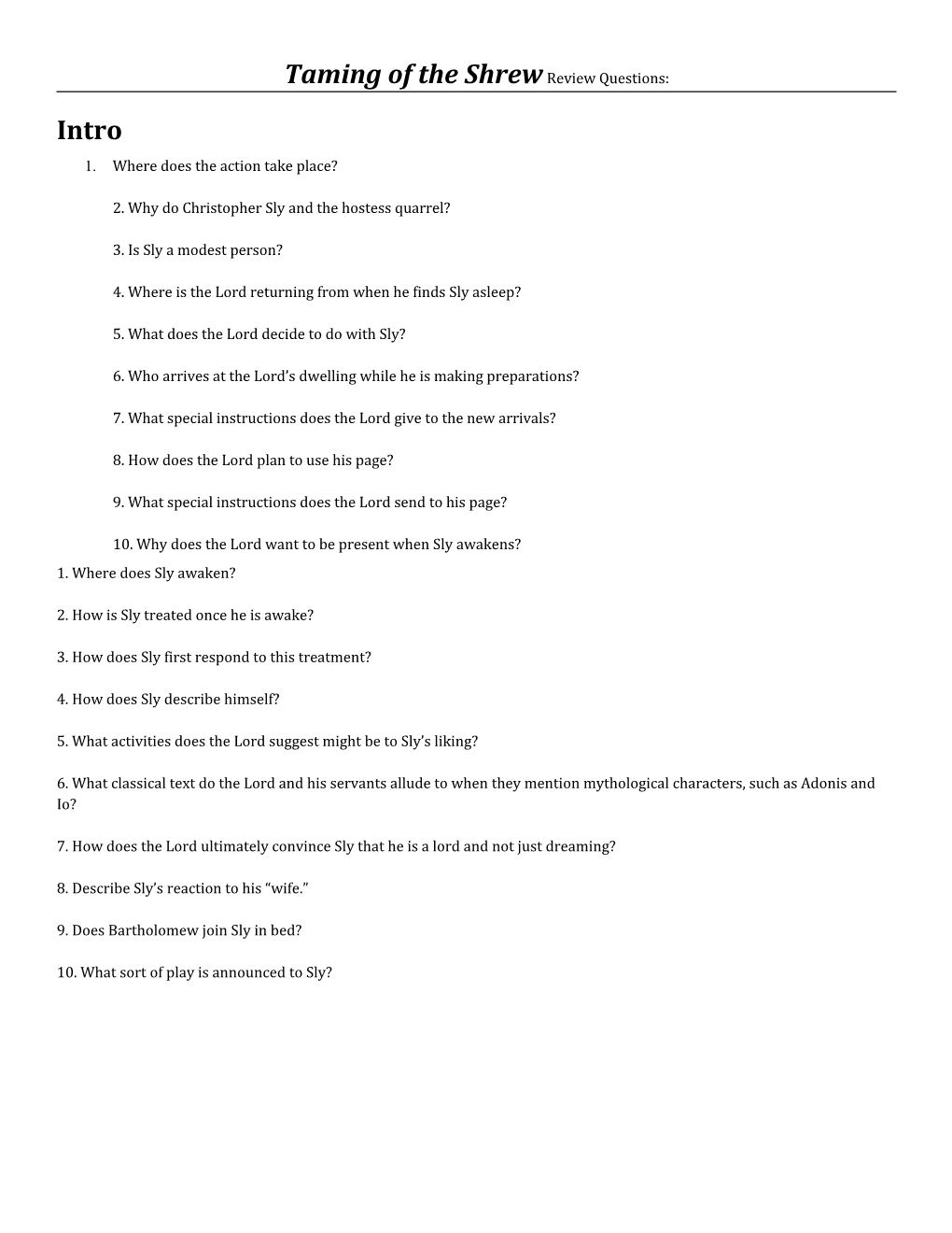 Taming of the Shrew Review Questions