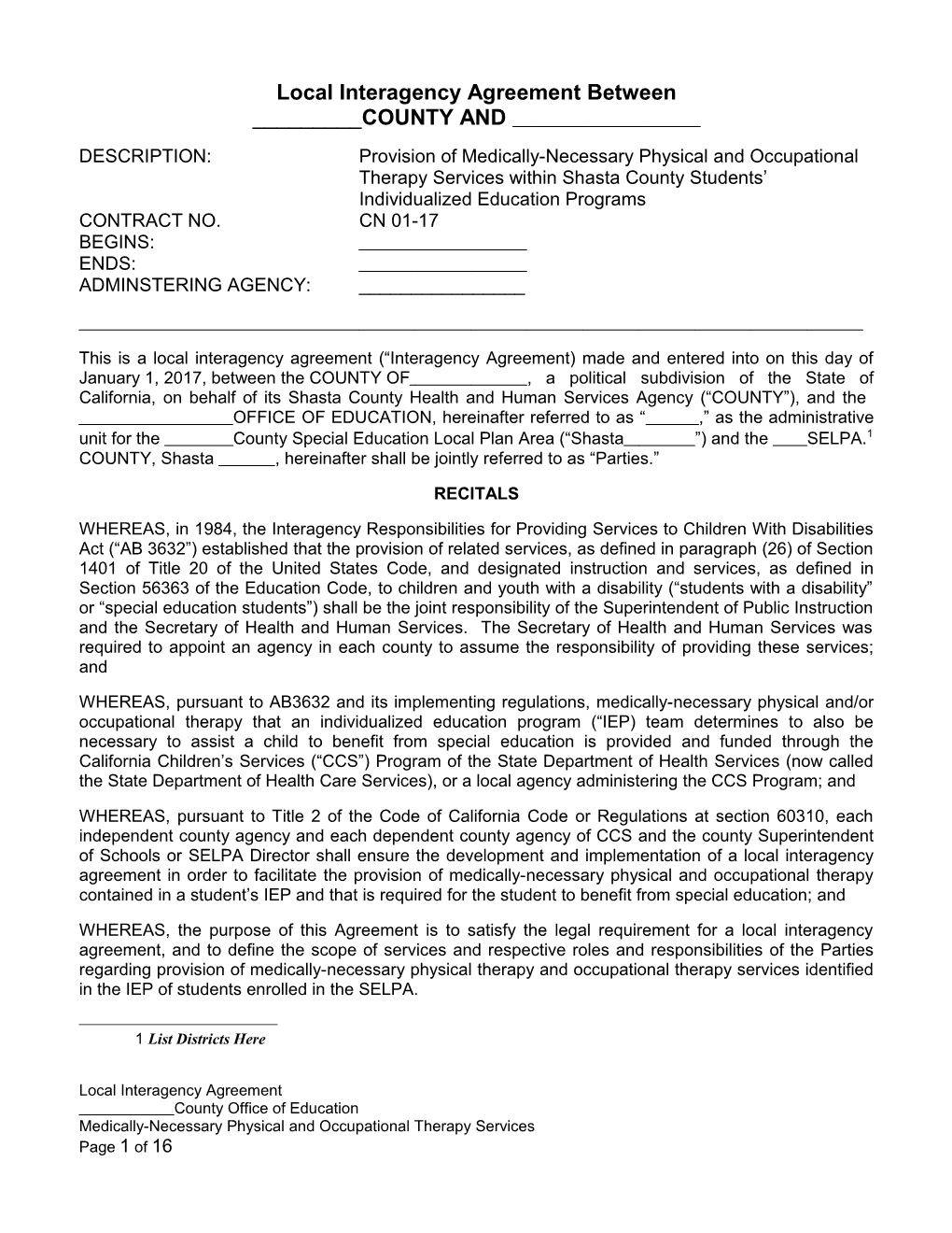 Interagency Agreement Between Shasta County and Shasta County SELPA (SC081791;1)