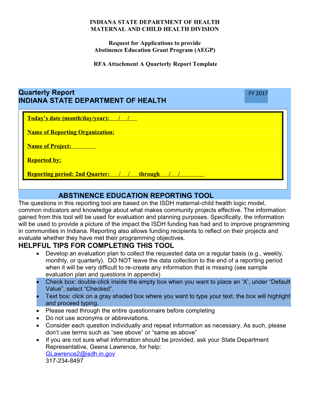 Indiana State Department of Health Abstinence Education Reporting Tool