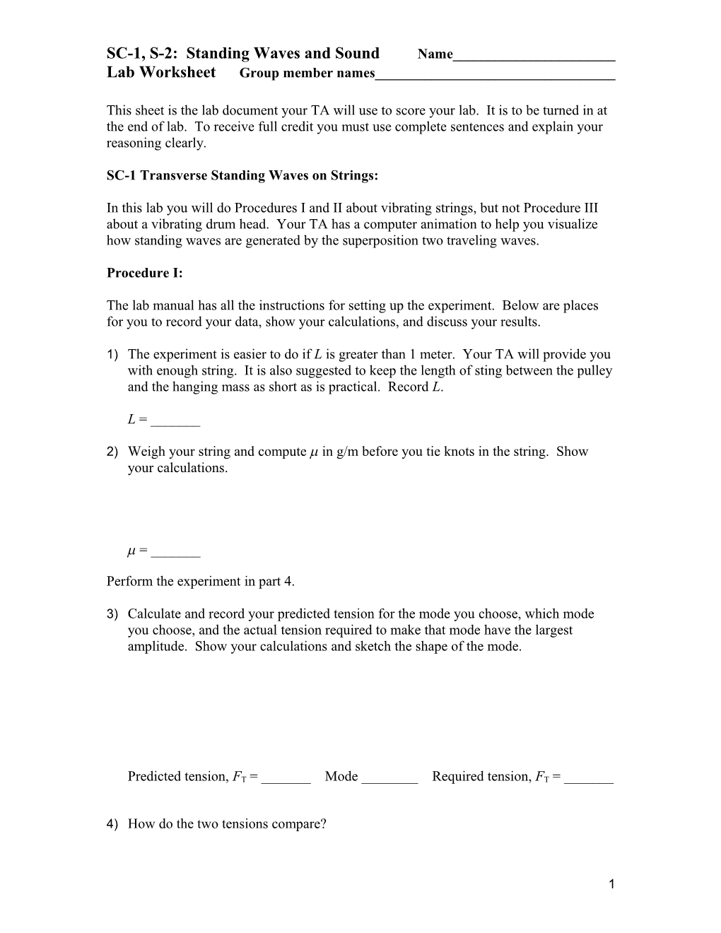 SC-1, S-2: Standing Waves and Soundname______ Lab Worksheet