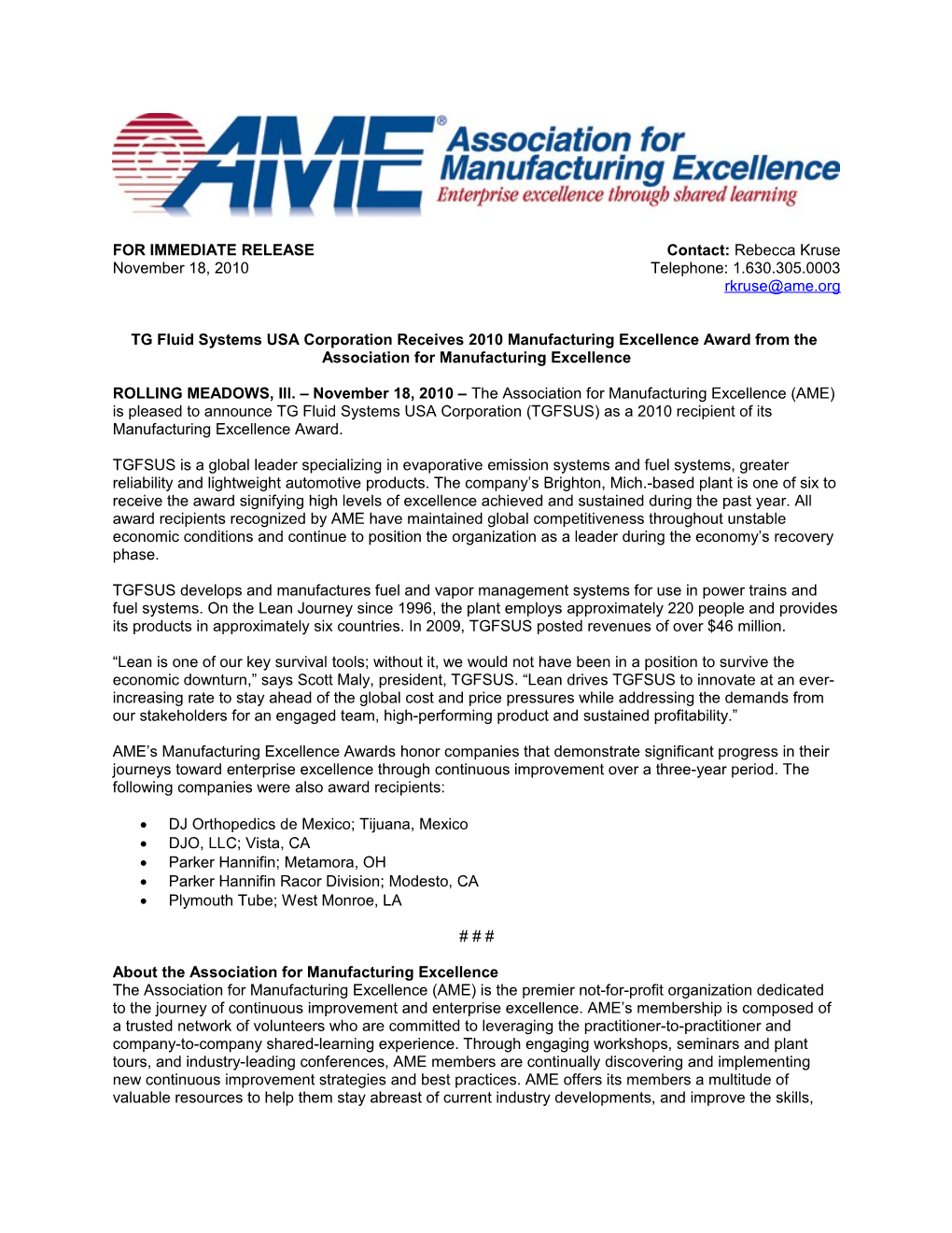 TG Fluid Systems USA Corporation Receives 2010 Manufacturing Excellence Award from The