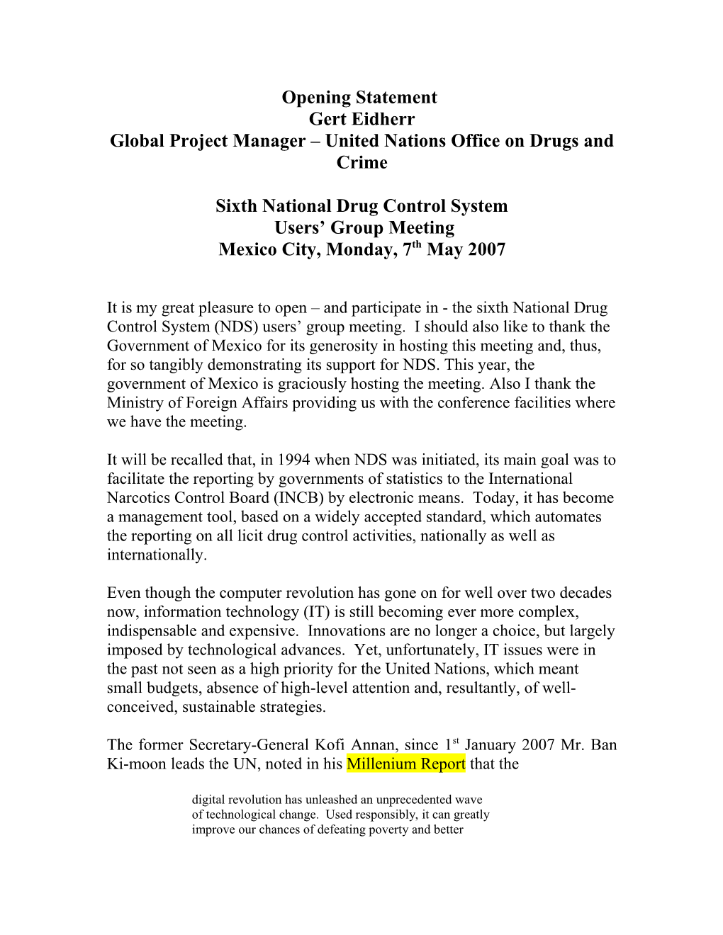 Global Project Manager United Nations Office on Drugs and Crime