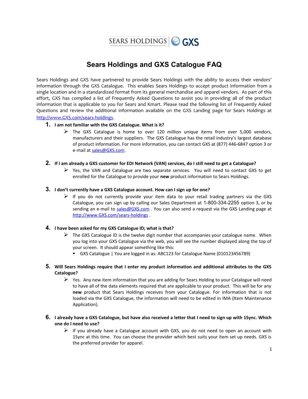 Sears Holdings and GXS Catalogue FAQ