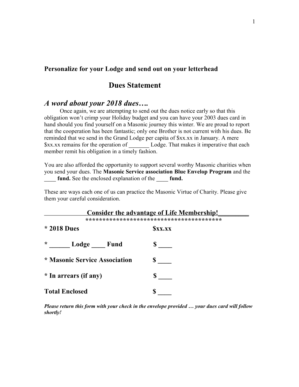 Personalize for Your Lodge and Send out on Your Letterhead