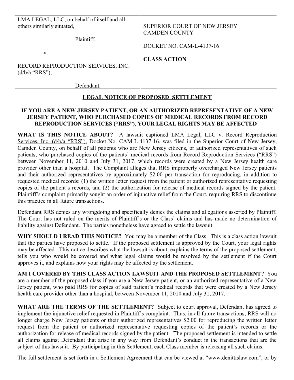 Legal Notice of Proposed Settlement