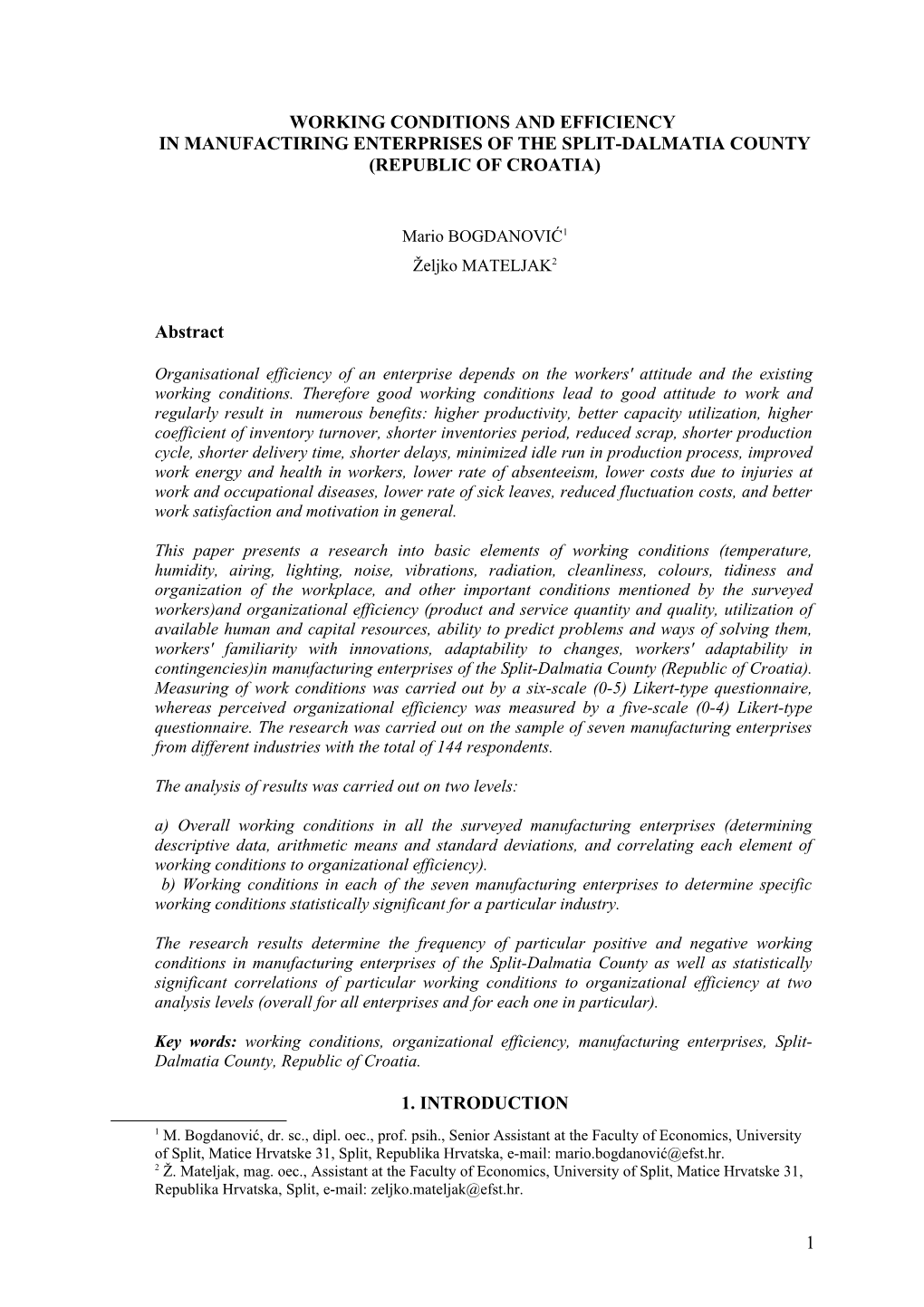 Radni Uvjeti I Djelotvornost Proizvodnih Poduzeća Splitsko Dalmatinske-Županije (Republika