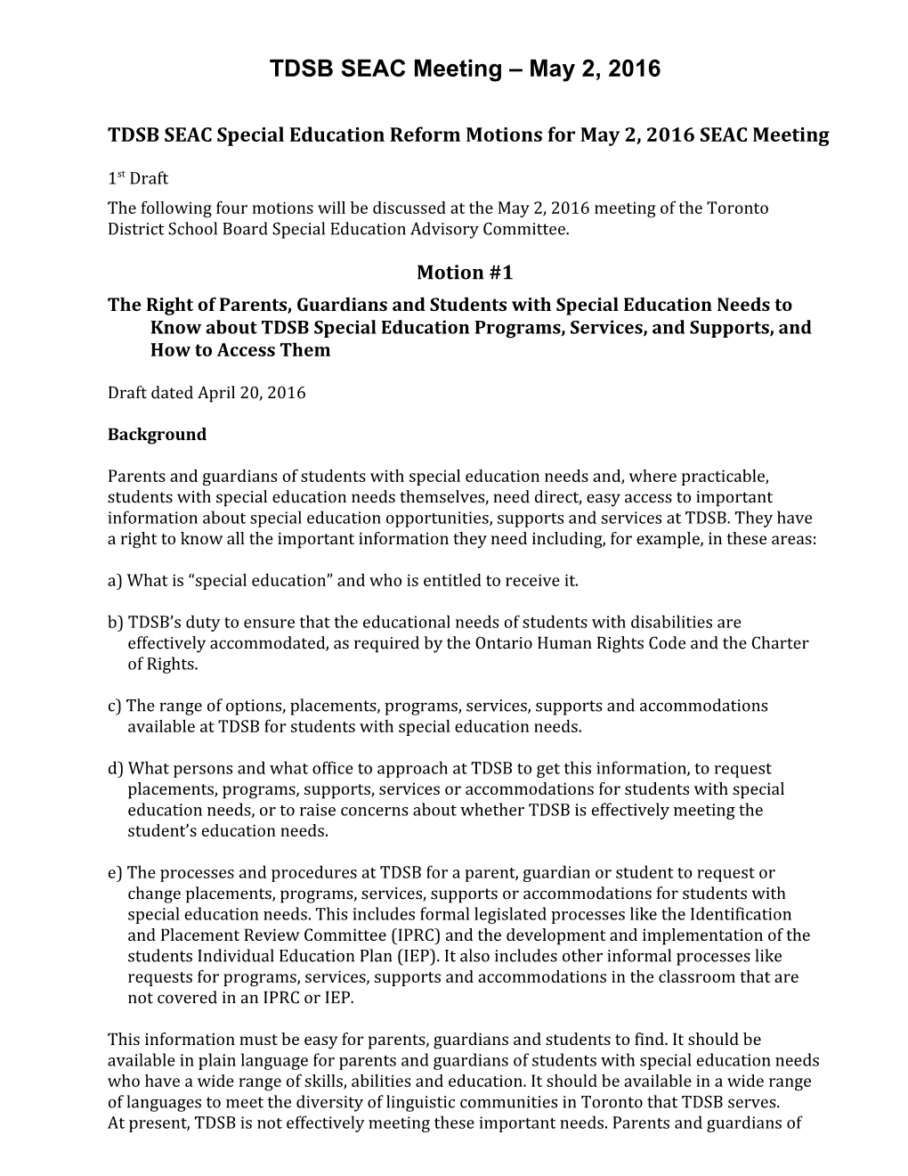 TDSB SEAC Special Education Reform Motions for May 2, 2016 SEAC Meeting
