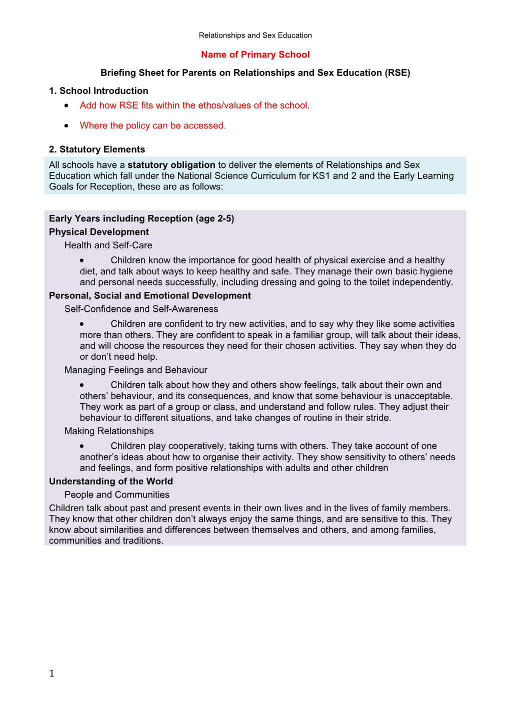 Briefing Sheet for Parents on Relationships and Sex Education (RSE)