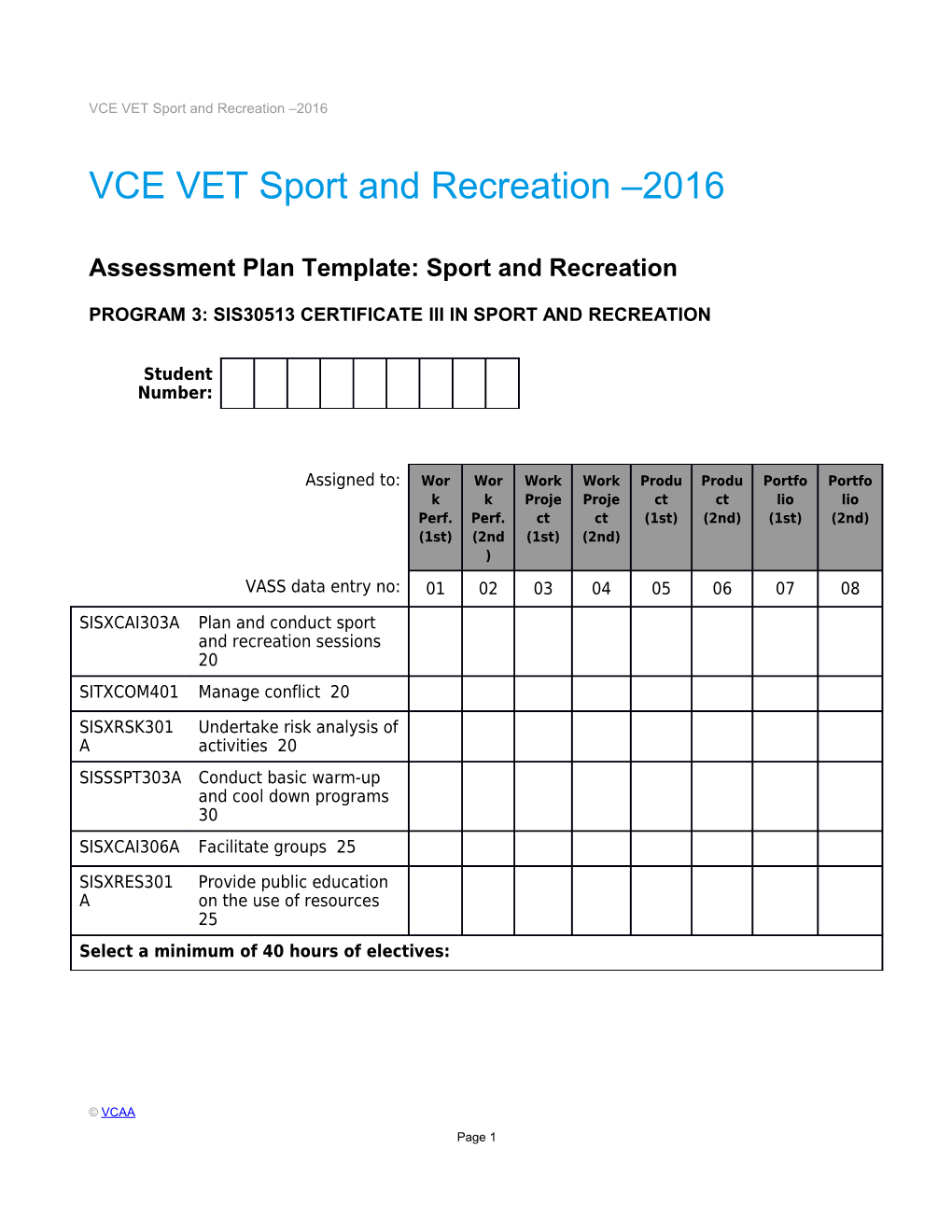 VCE VET Sport and Recreation - Assessment Plan - Template and Sample