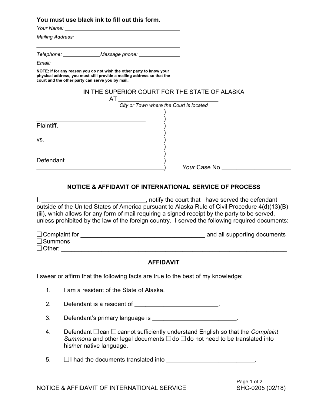 Notice & Affidavit of International Service of Process, Shc-205