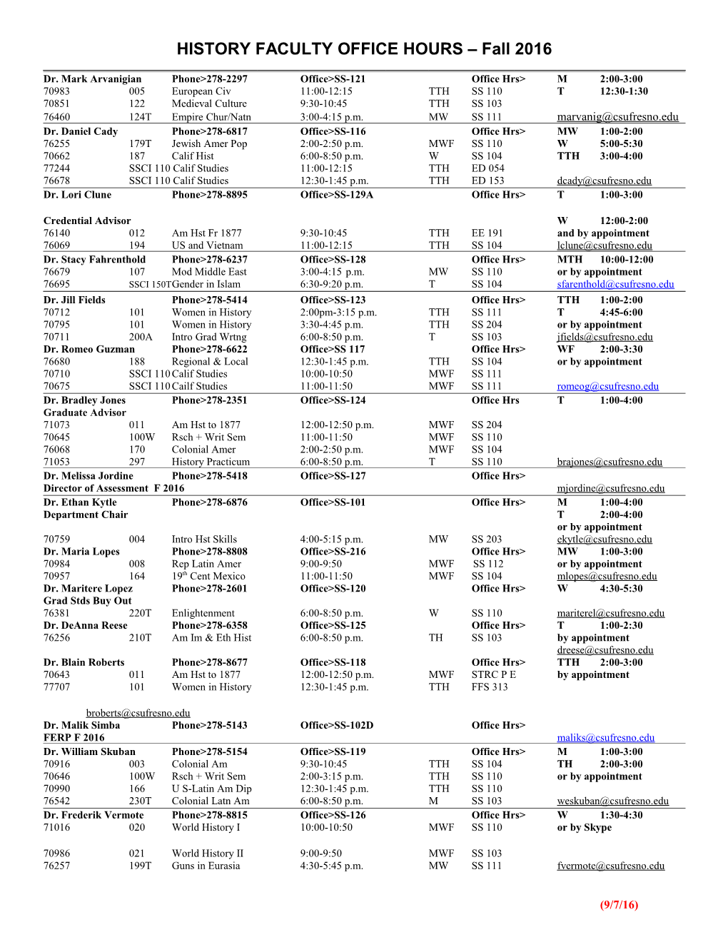 HISTORY FACULTY OFFICE HOURS Fall 2016