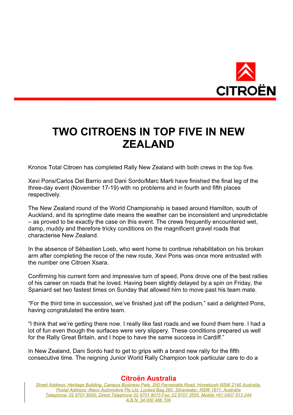 Two Citroensin Top Five in New Zealand