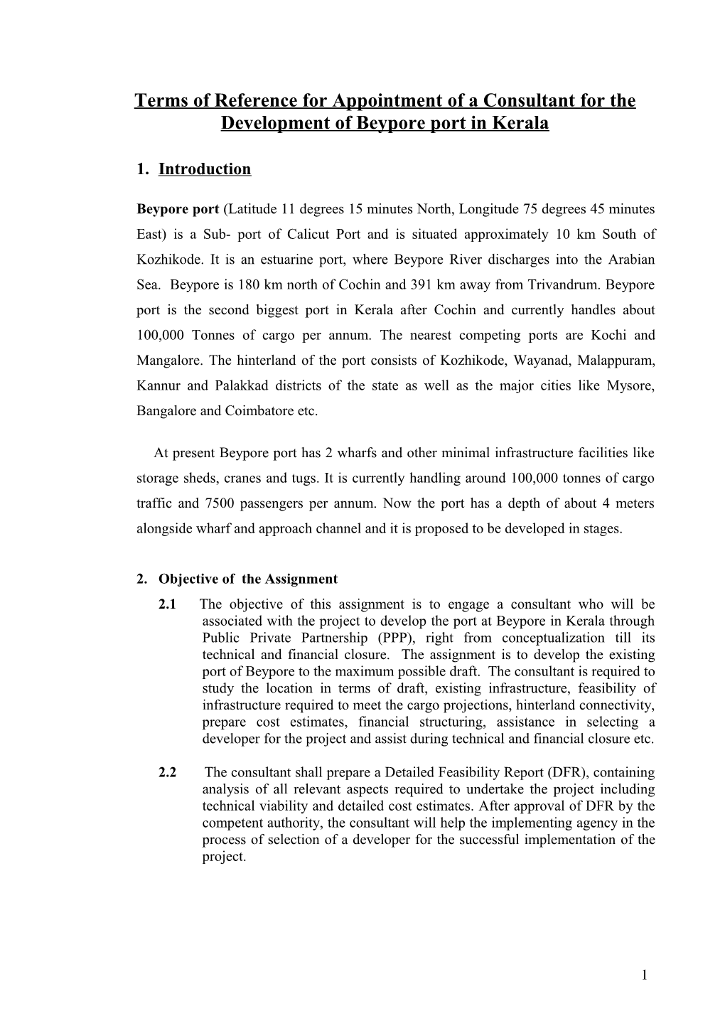 Draft Terms of Reference for Appointment of a Consultant for Development of a Modern Deep