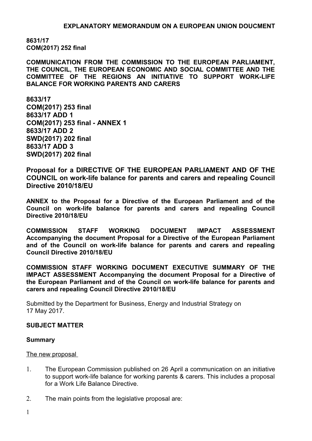 Explanatory Memorandum on a European Union Doucment