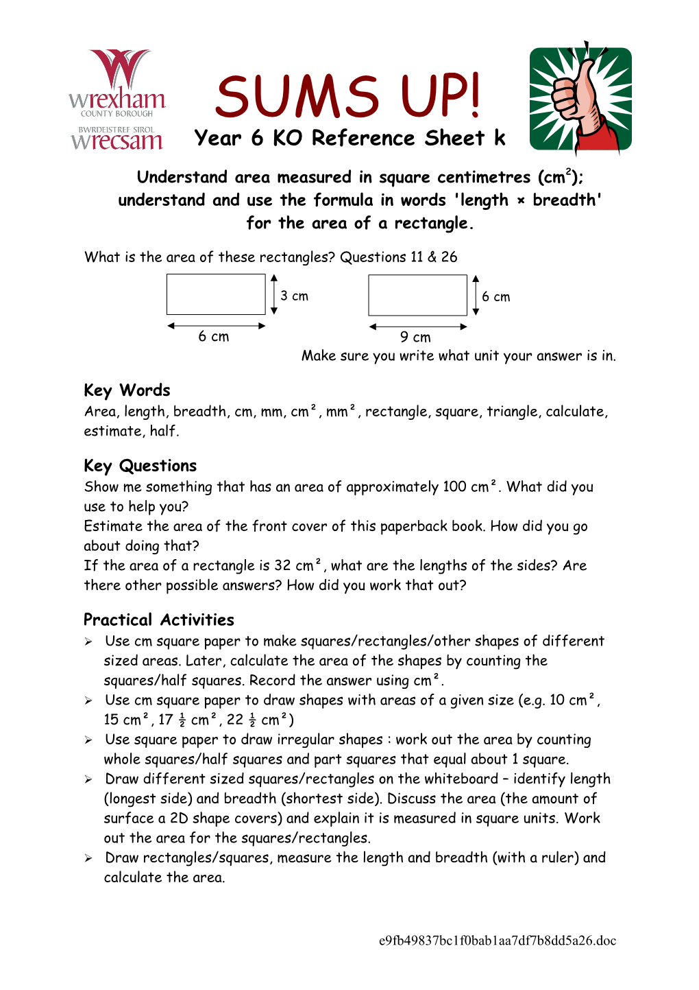 Year 6 KO Reference Sheet K