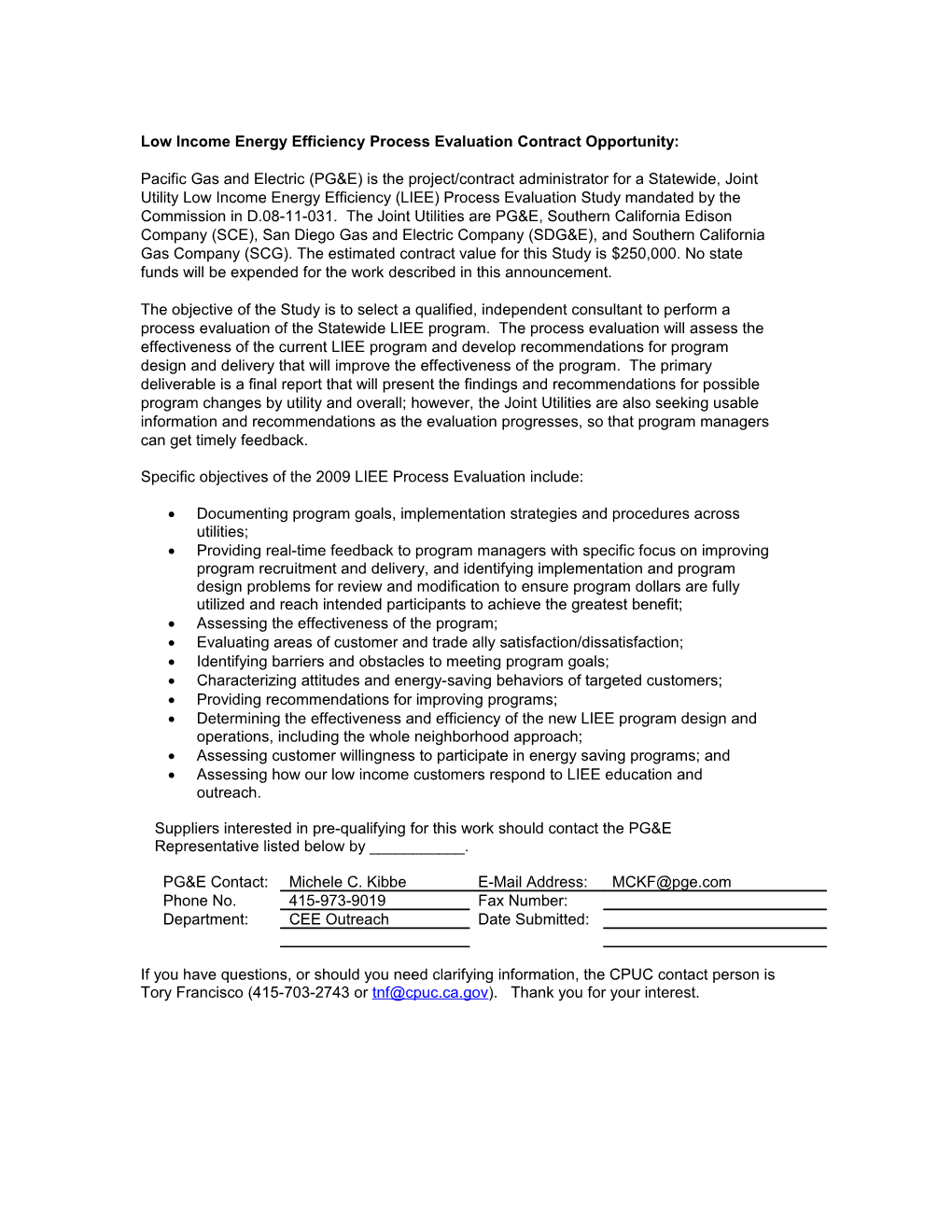 Low Income Energy Efficiency Process Evaluation Contract Opportunity