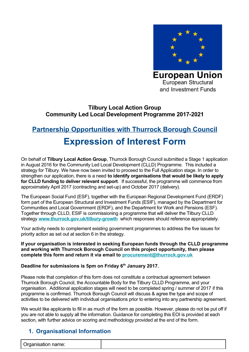 Thurrock Council - Expression of Interest: Tilbury Community-Led Local Development