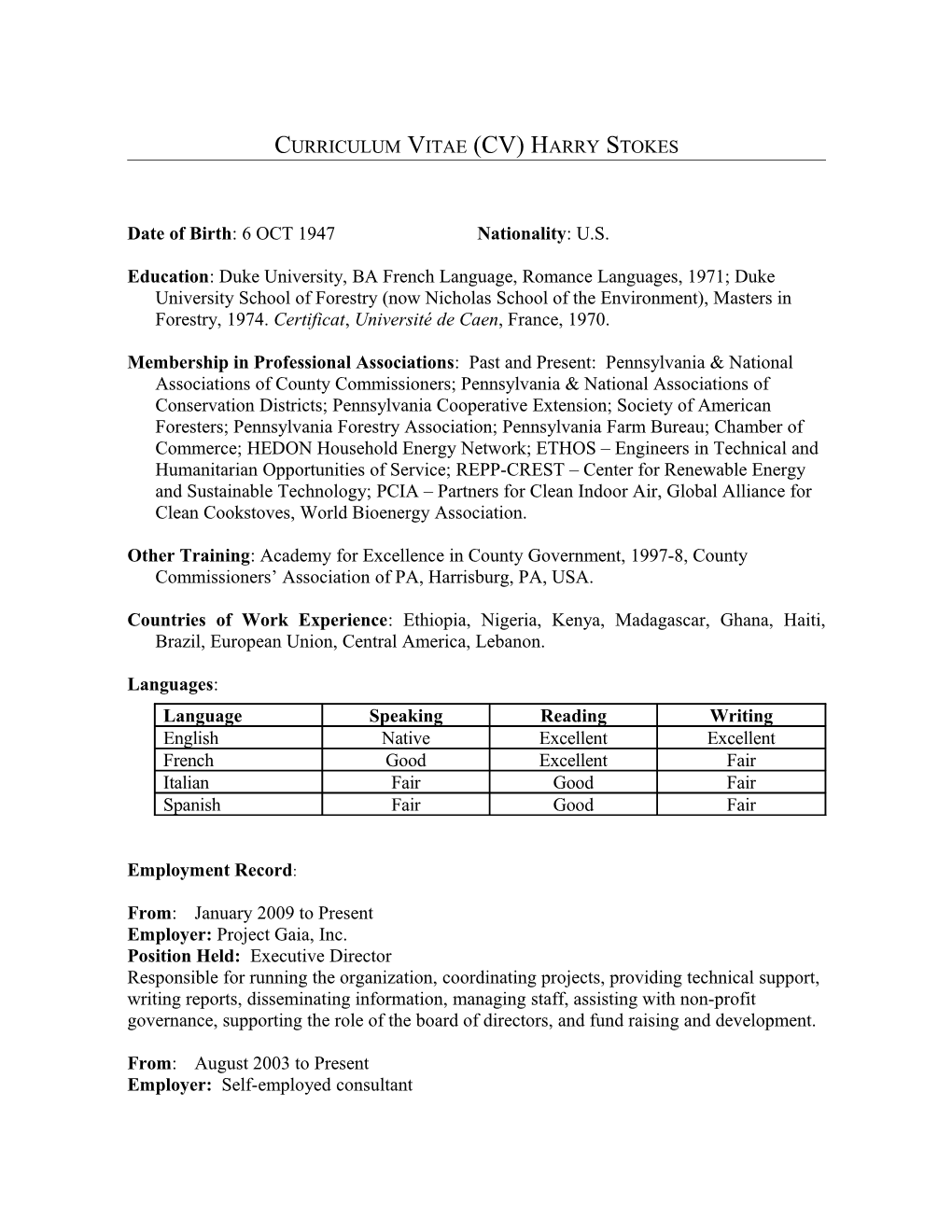 Curriculum Vitae (Cv) for Proposed Professional Staff