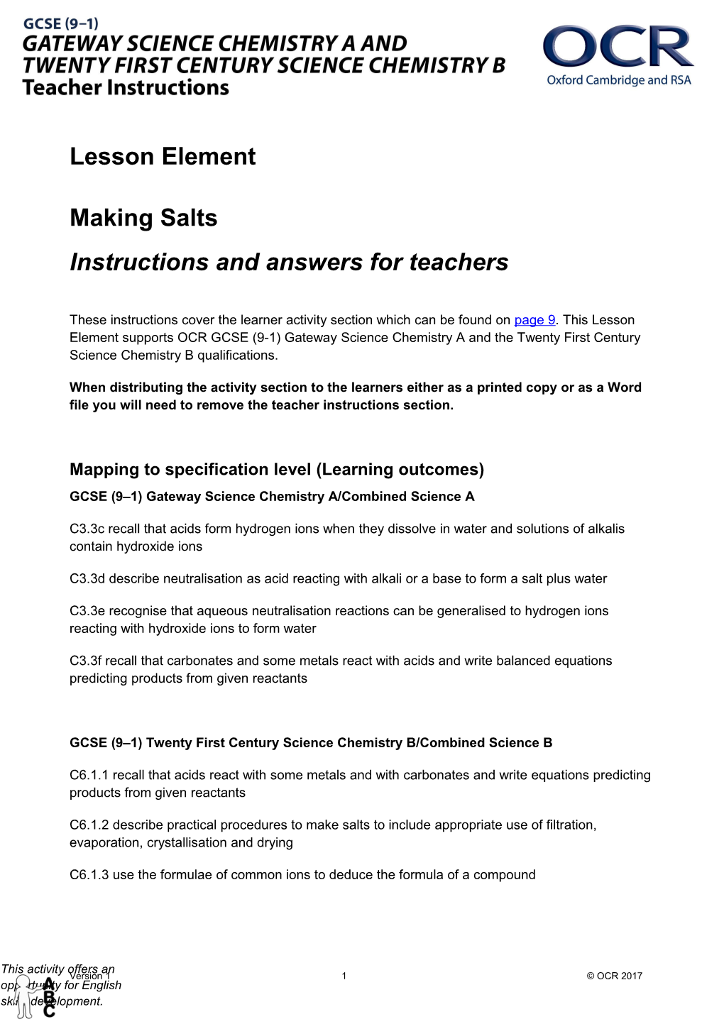 OCR GCSE (9-1) Gateway Science Chemistry a and Twenty First Century Science B Lesson Element