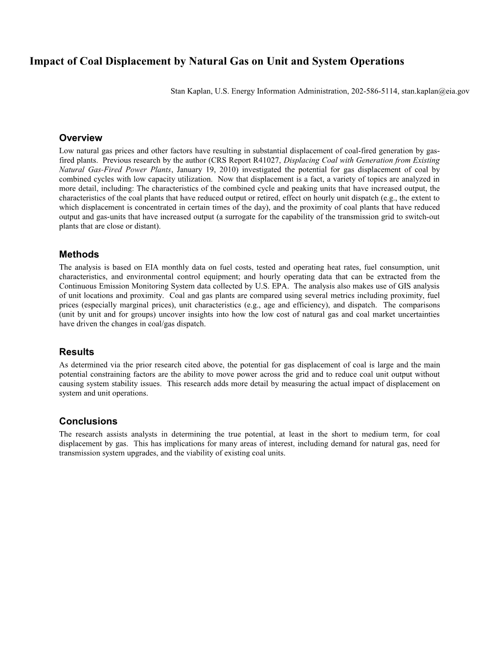 Impact of Coal Displacement by Natural Gas on Unit and System Operations