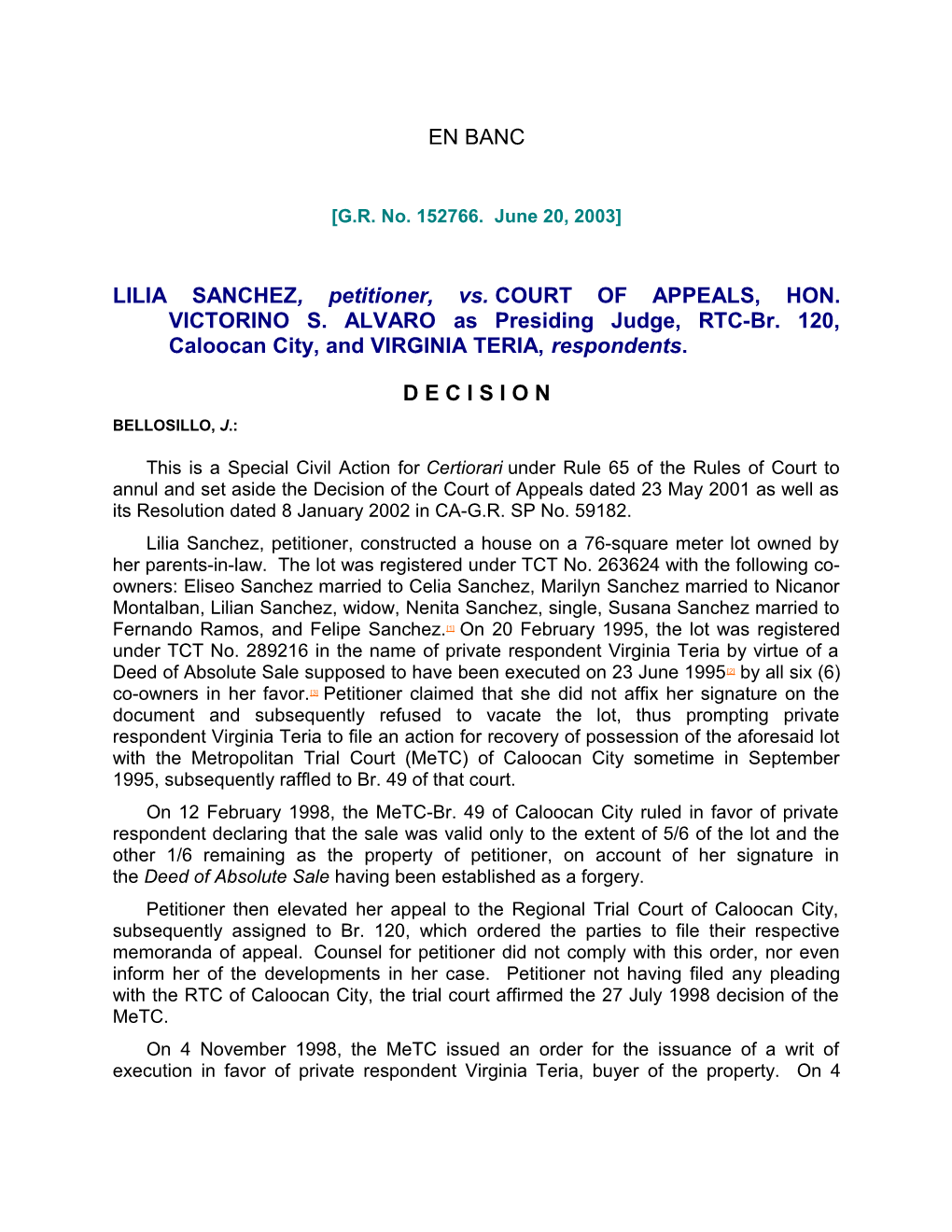 LILIA SANCHEZ, Petitioner, Vs.COURT of APPEALS, HON. VICTORINO S. ALVARO As Presiding