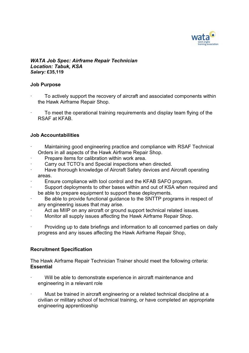 WATA Job Spec: Airframe Repair Technician