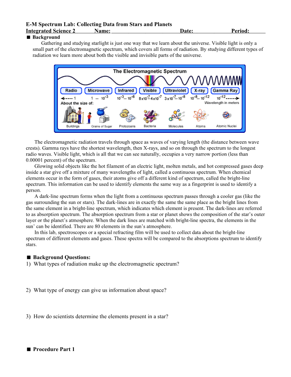 E-M Spectrum Lab: Collecting Data from Stars and Planets