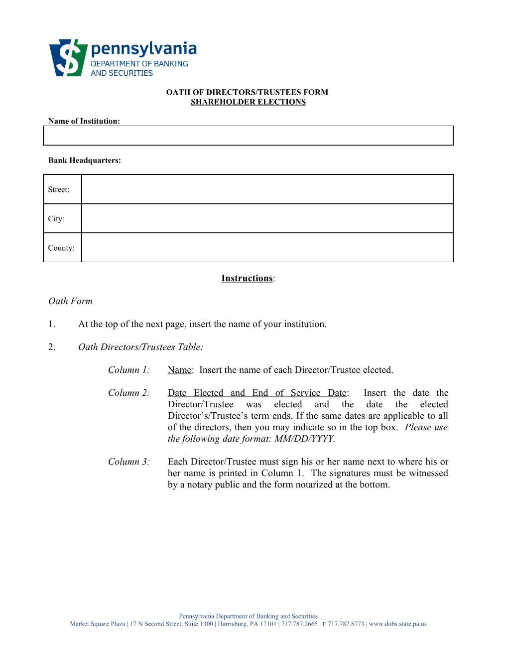 Oath of Directors/Trustees Form