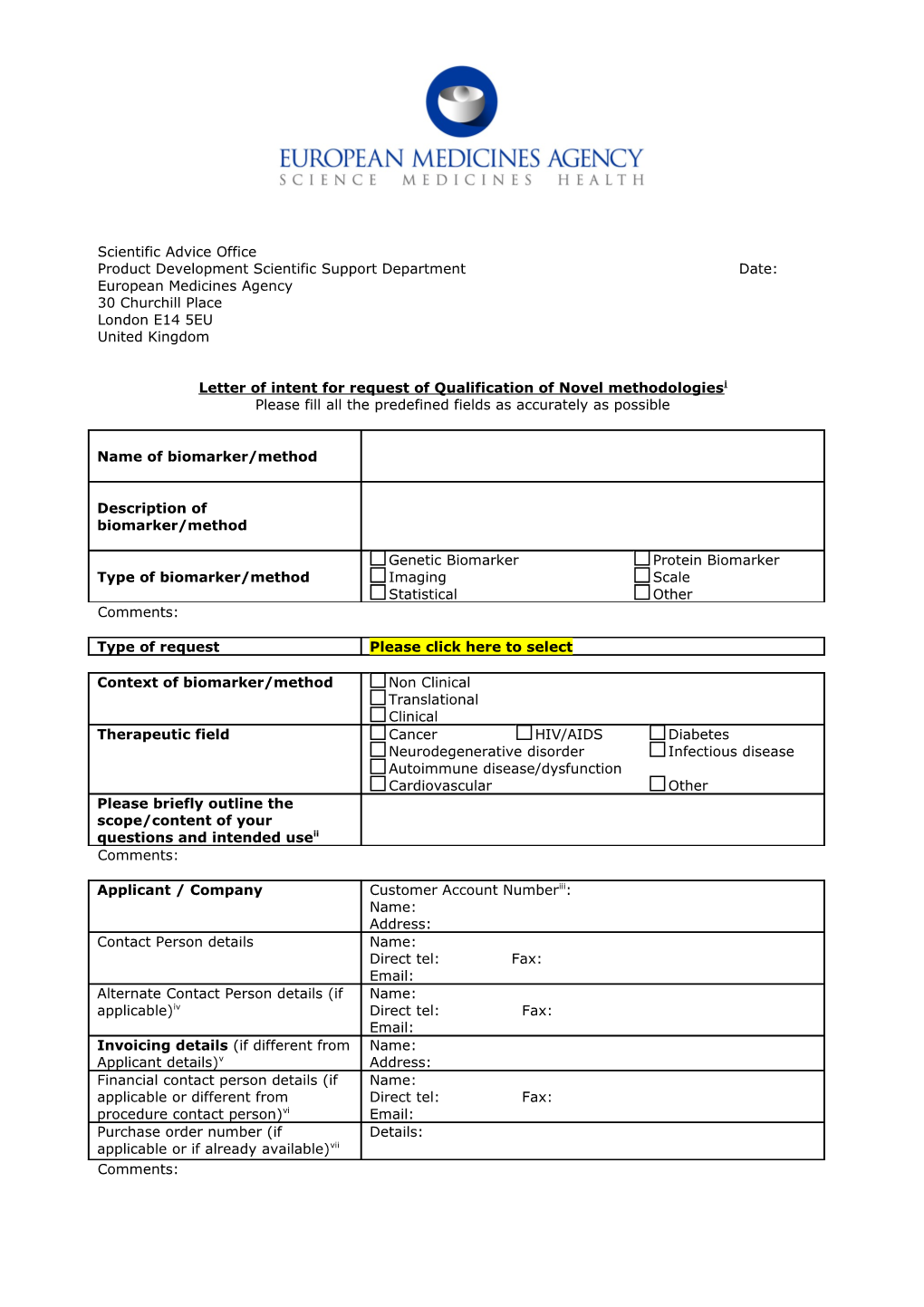 Template - Letter of Intent for Request of Qualification of Novel Methodologies to The