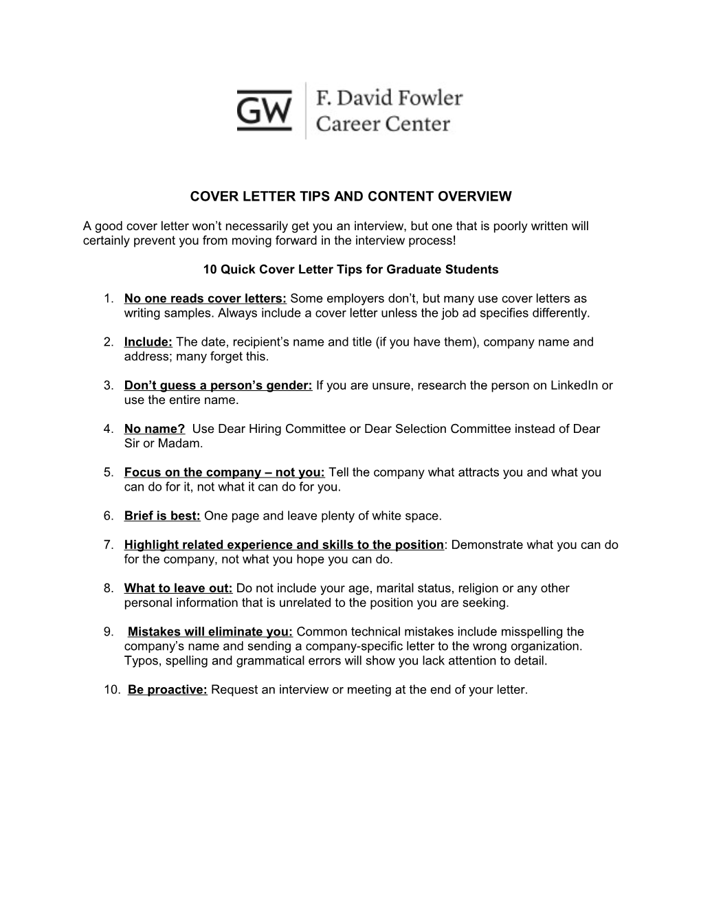 Cover Letter Tips and Content Overview