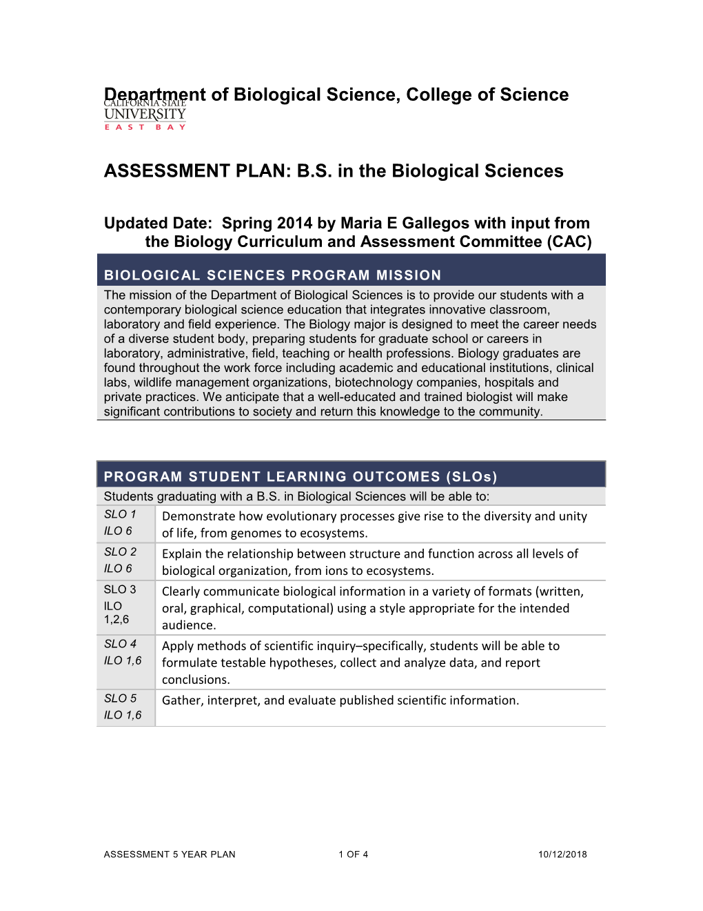 ASSESSMENT PLAN: B.S. Inthe Biological Sciences