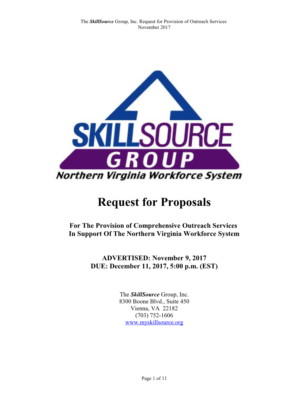 The Skillsource Group, Inc. Request for Provision Ofoutreach Services
