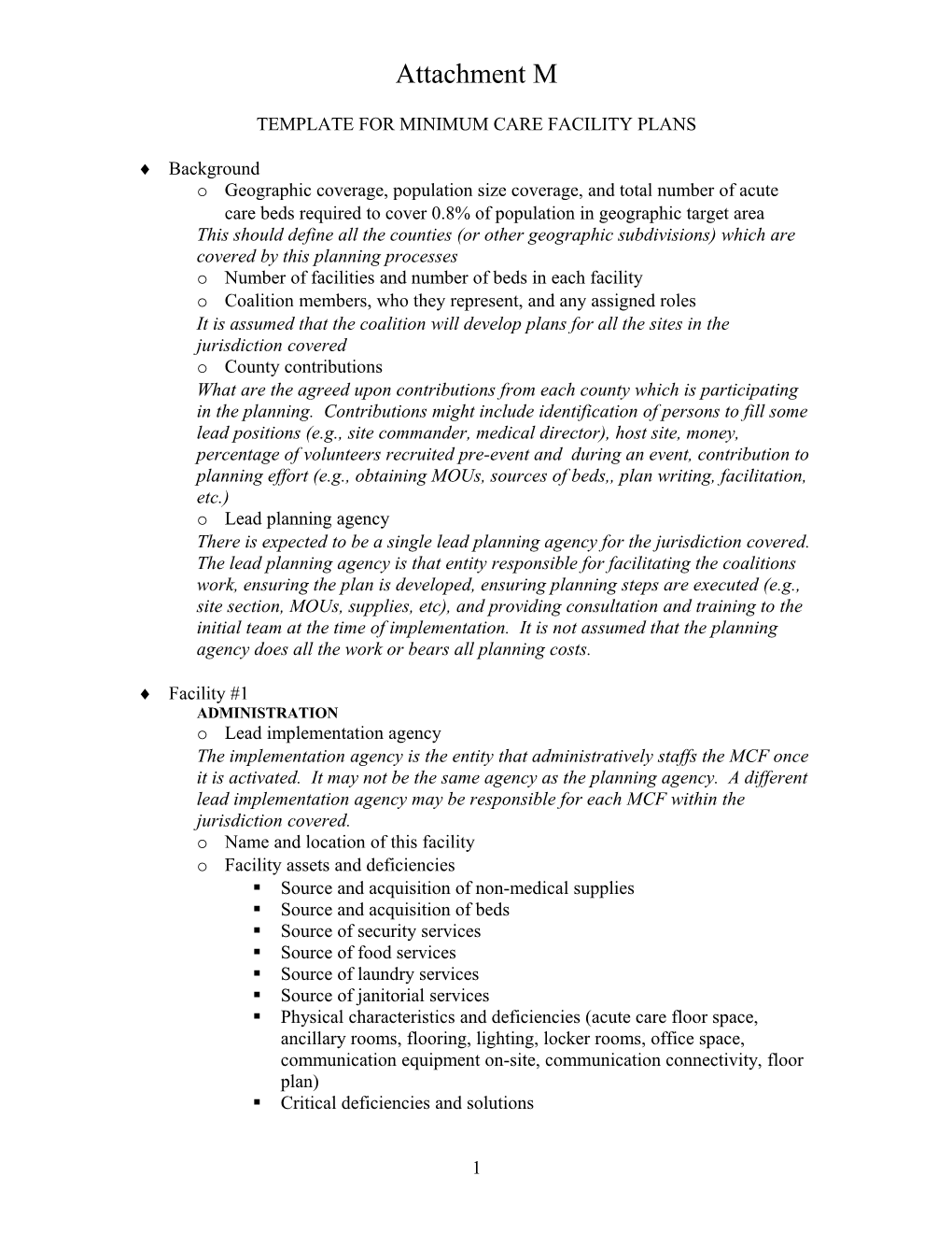 Appendix M Template for Minimum Care Facility Plans