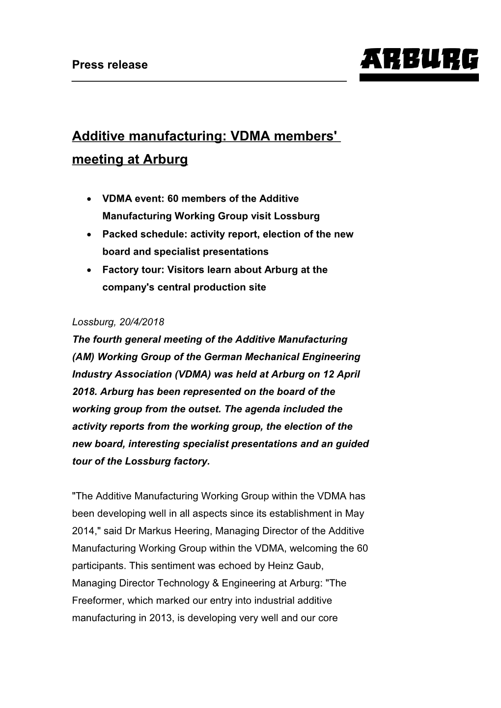 Additive Manufacturing: VDMA Members' Meeting at Arburg