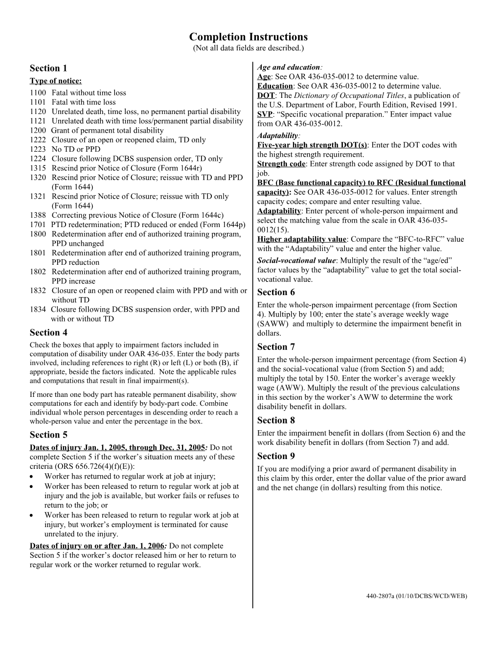 Insurer Notice of Closure Worksheet (Dates of Injury on Or After Jan. 1, 2005)