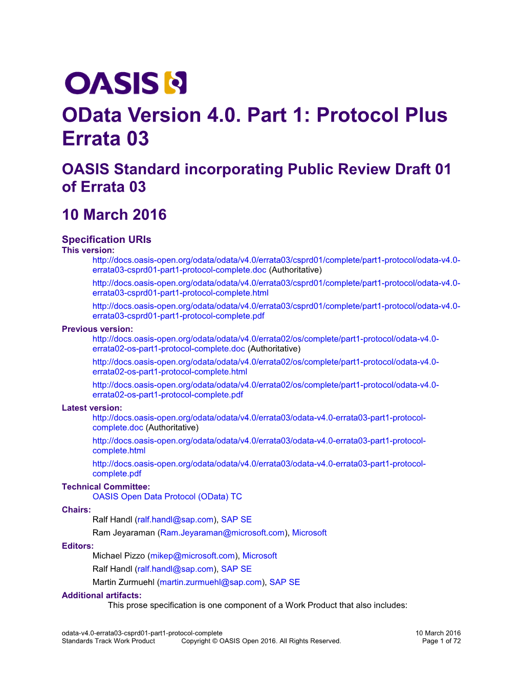 Odata Version 4.0. Part 1: Protocol Plus Errata 03