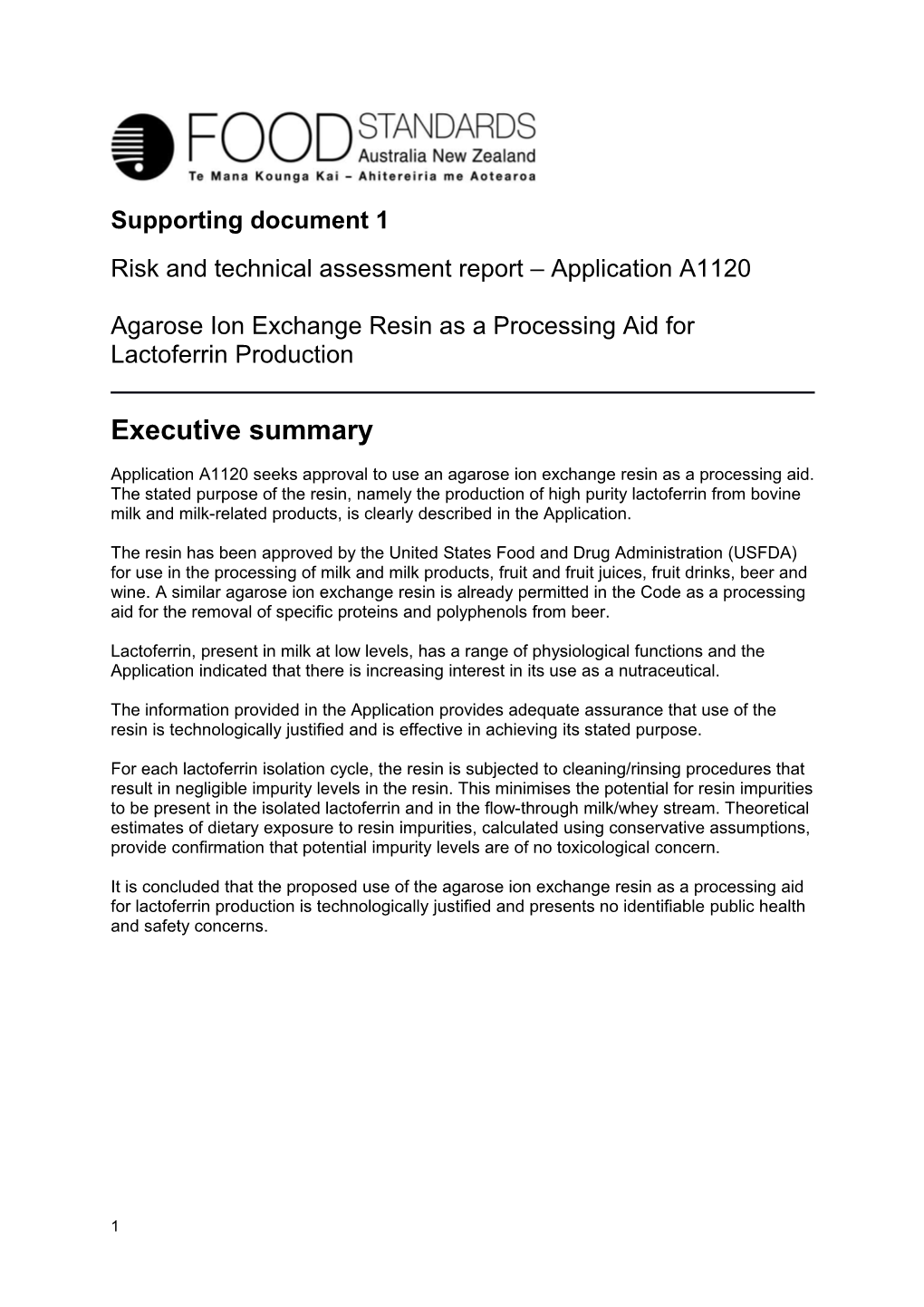 Risk and Technical Assessment Report Application A1120