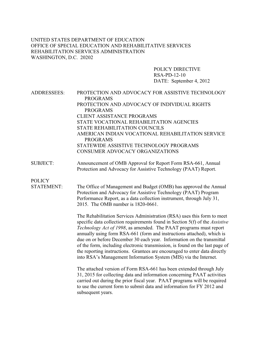 RSA-PD-12-10 - Announcement of OMB Approval for Report Form RSA-661, Annual Protection