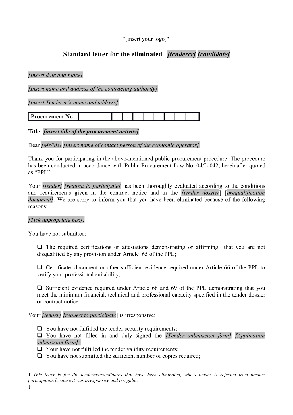 Standard Letter Information About Rejection of Tender