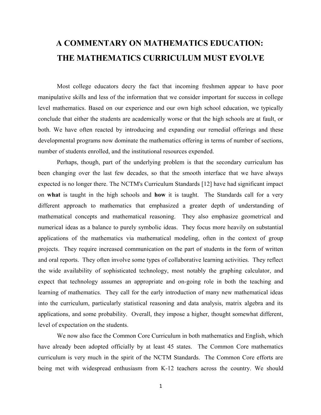 A Commentary on Mathematics Education