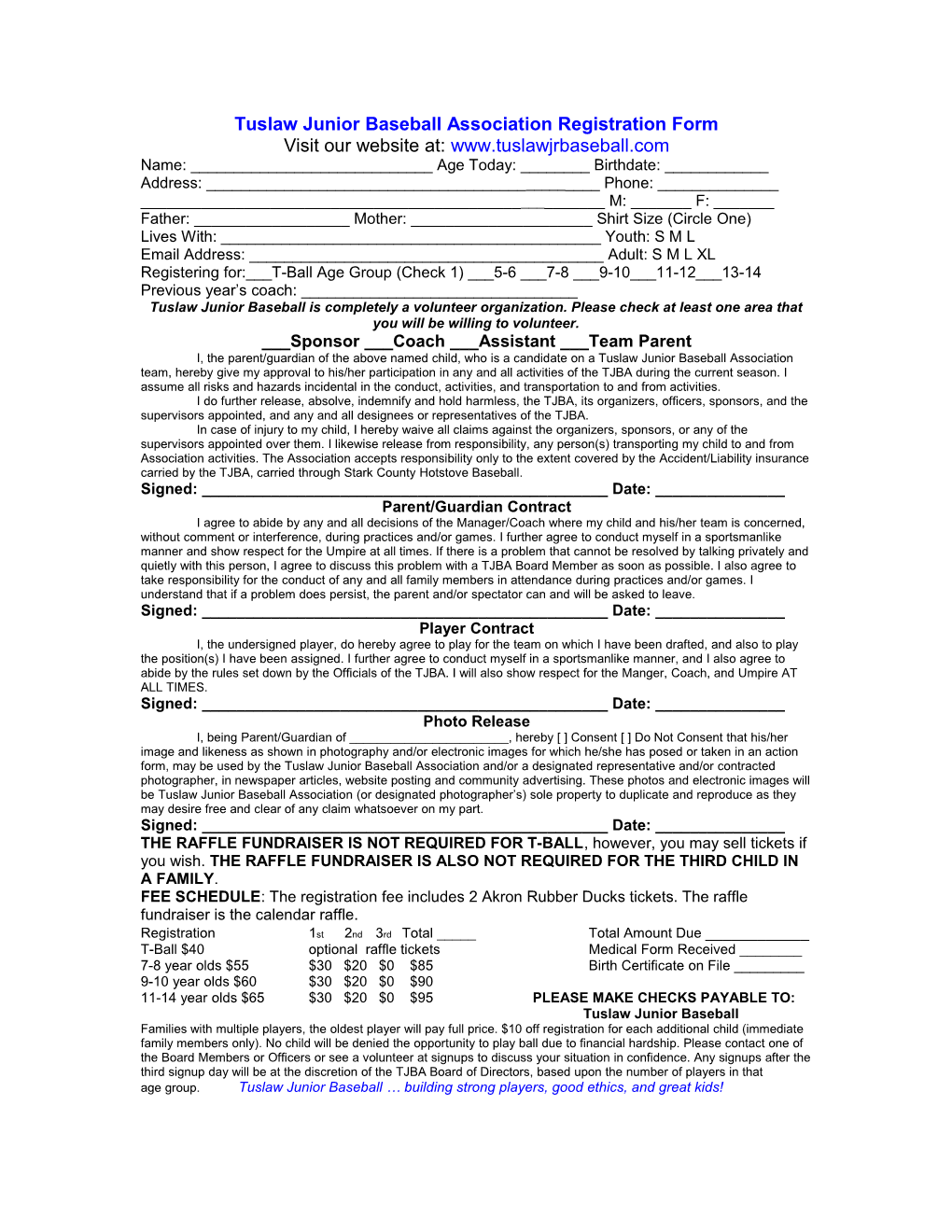 Tuslaw Junior Baseball Association Registration Form