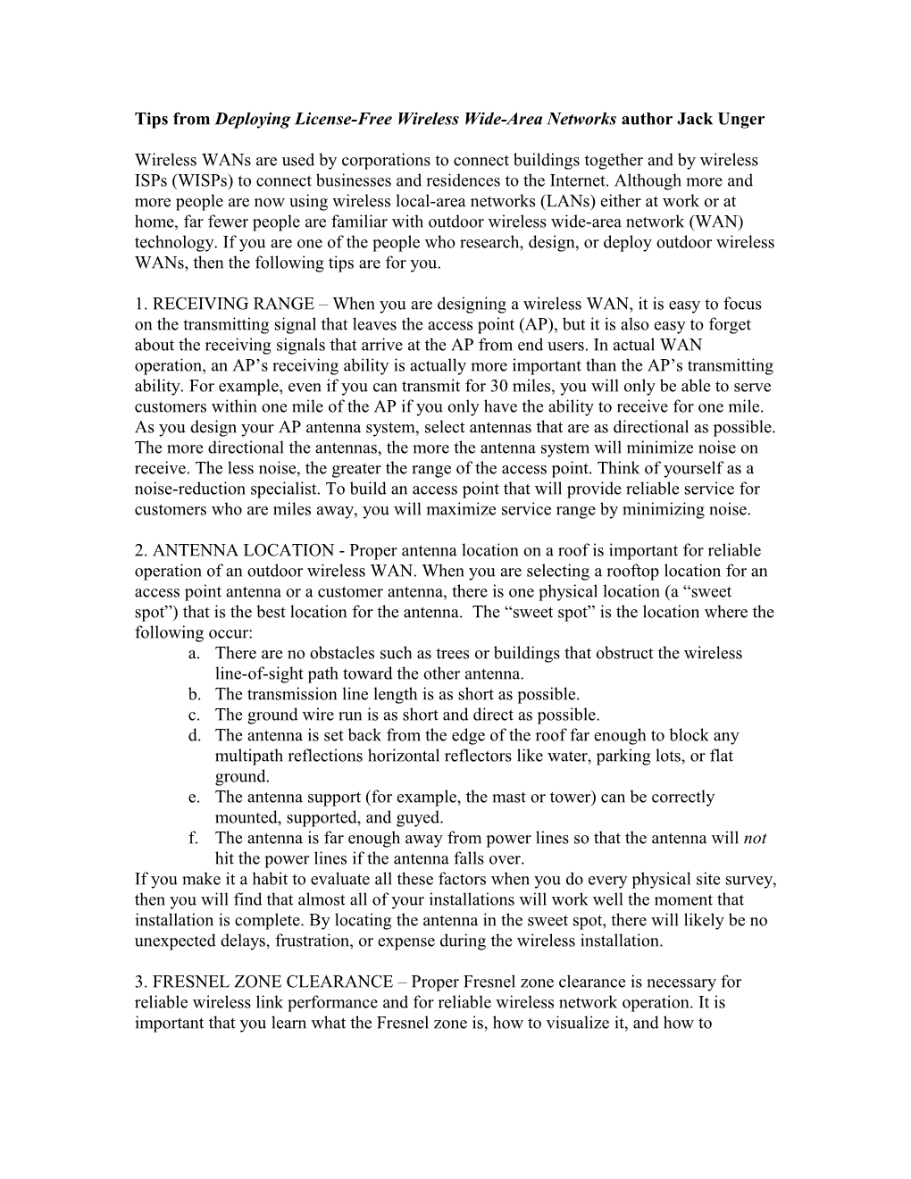 Tips from Deploying License-Free Wireless Wide-Area Networks Author Jack Unger