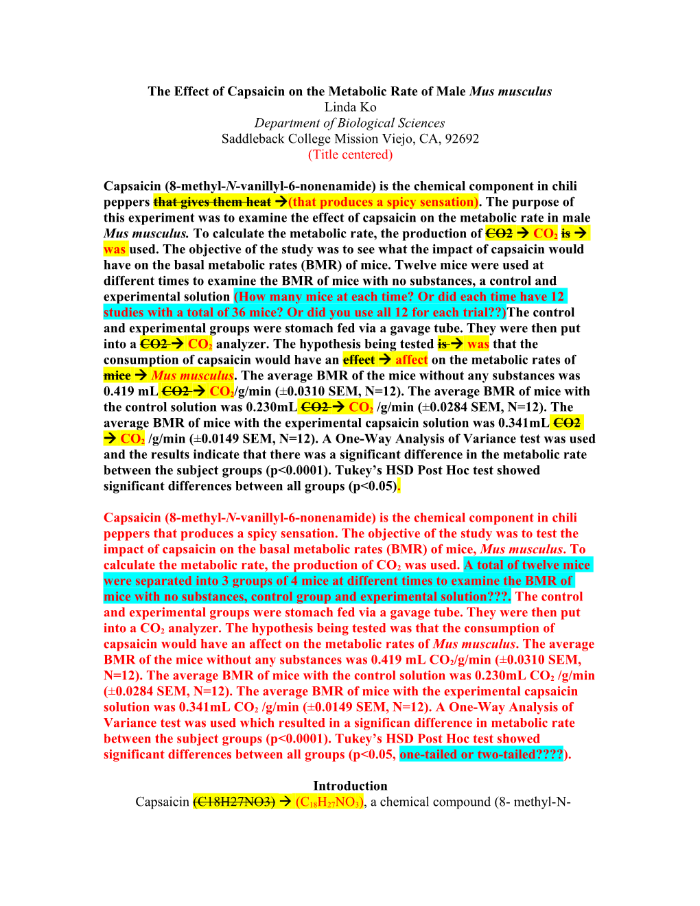 The Effect of Capsaicin on the Metabolic Rate of Male Mus Musculus