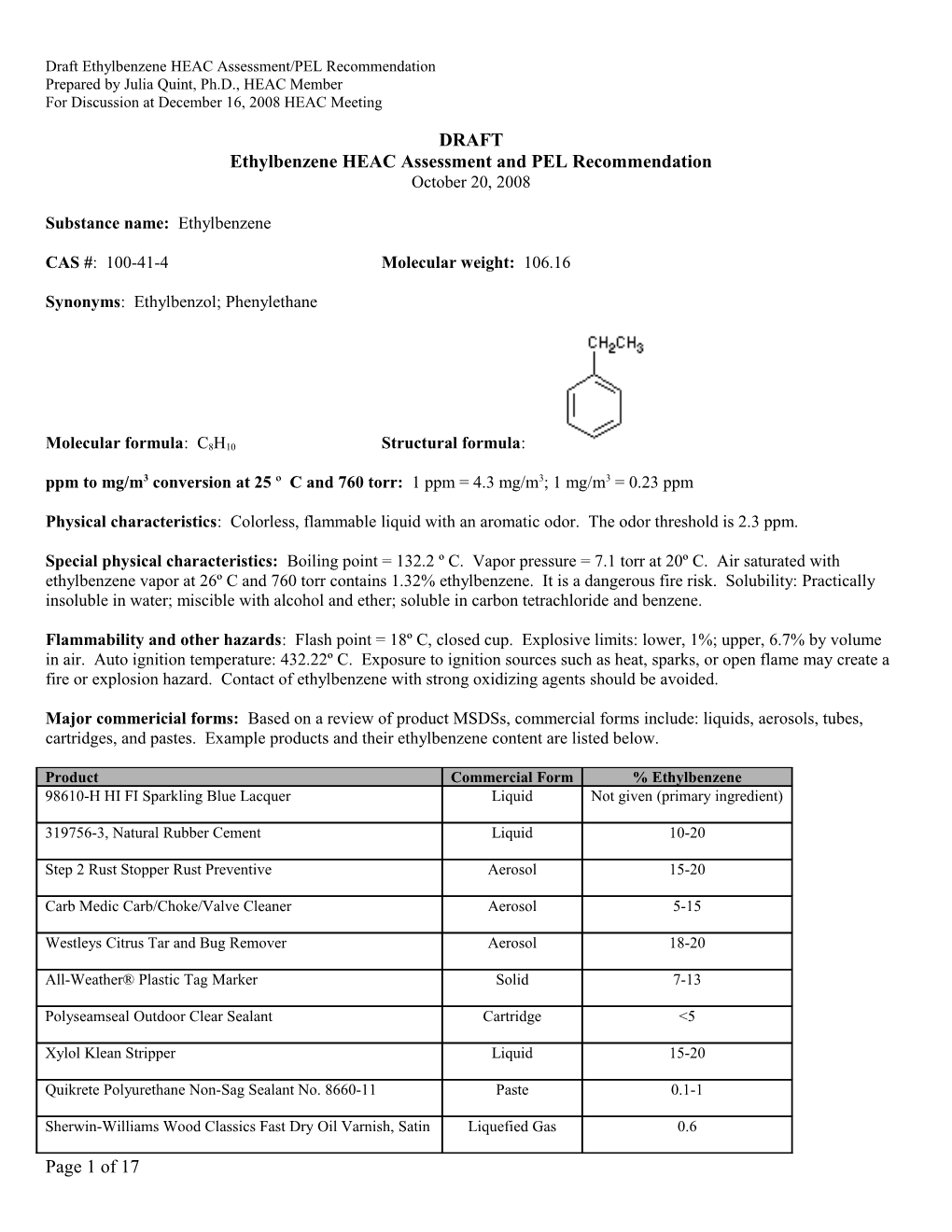 Draft Ethylbenzene HEAC Assessment/PEL Recommendation