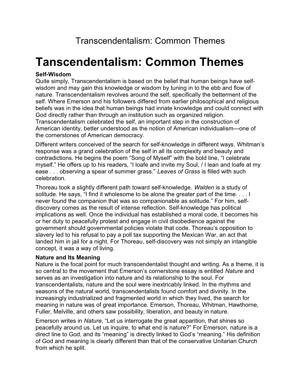 Tanscendentalism: Common Themes