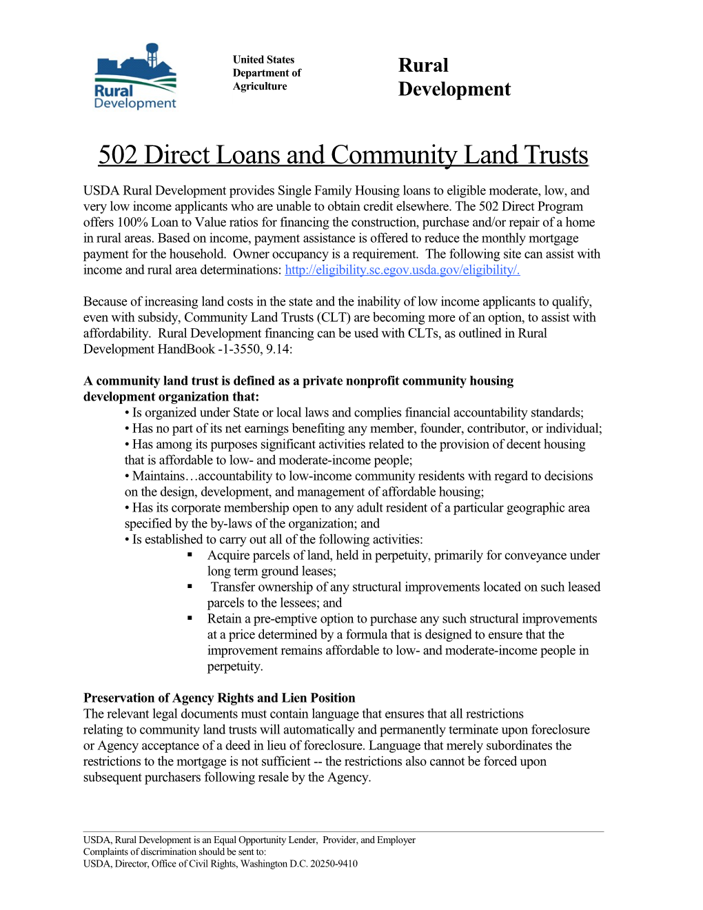 502 Direct Loans and Communityland Trusts