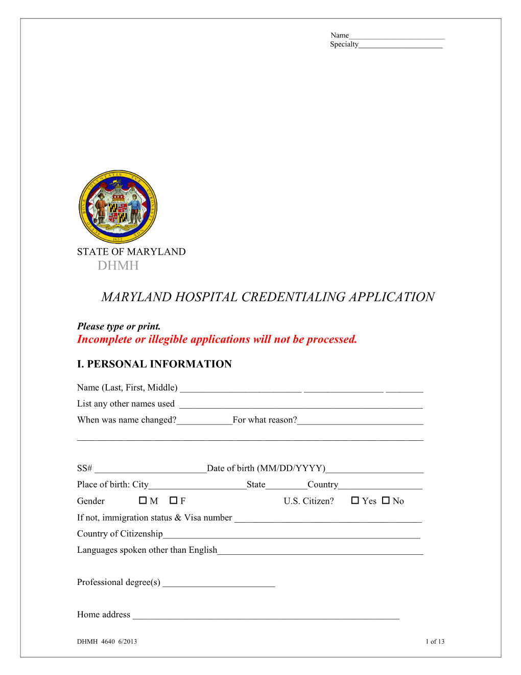 Uniform Credentialing Form
