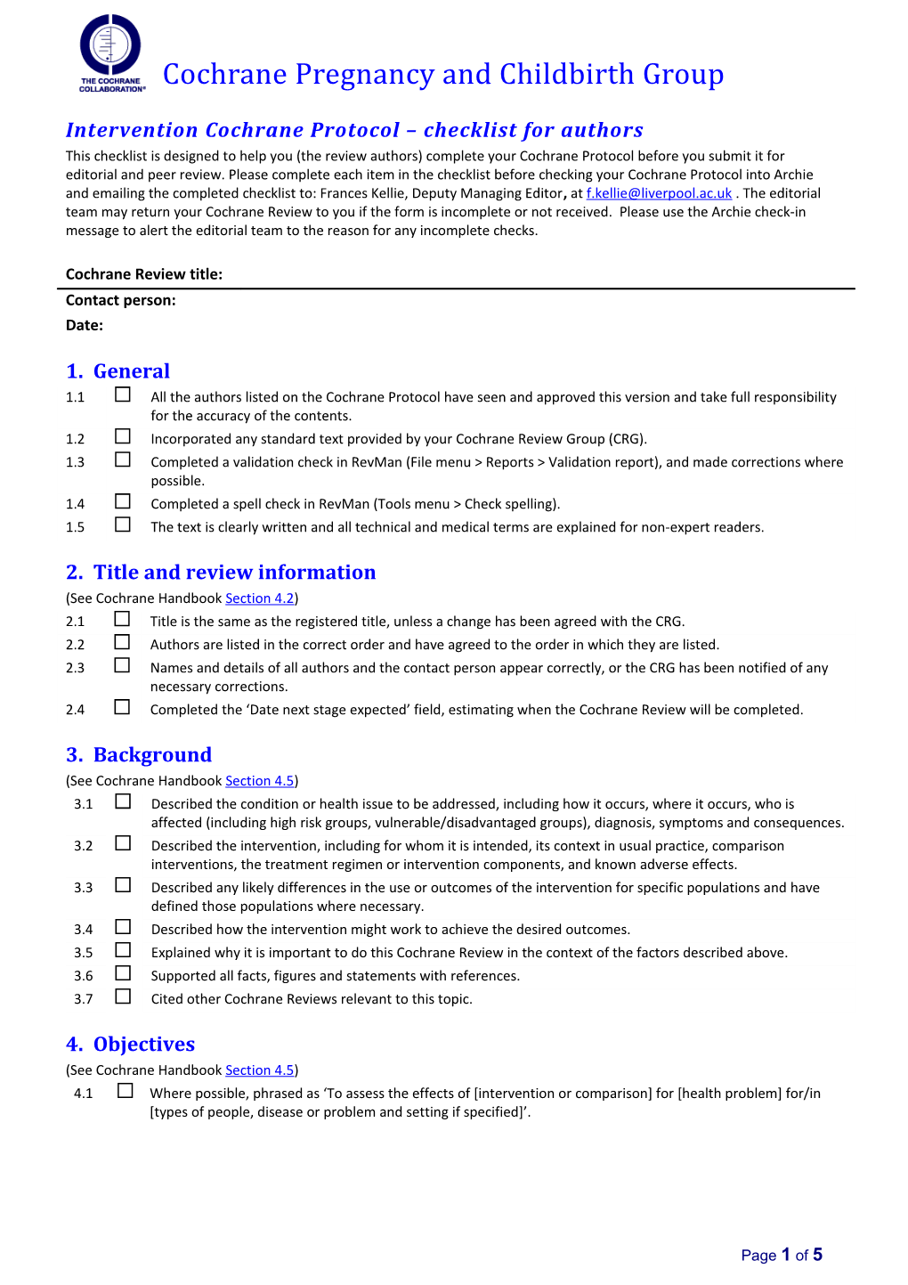 Intervention Cochrane Protocol Checklist for Authors