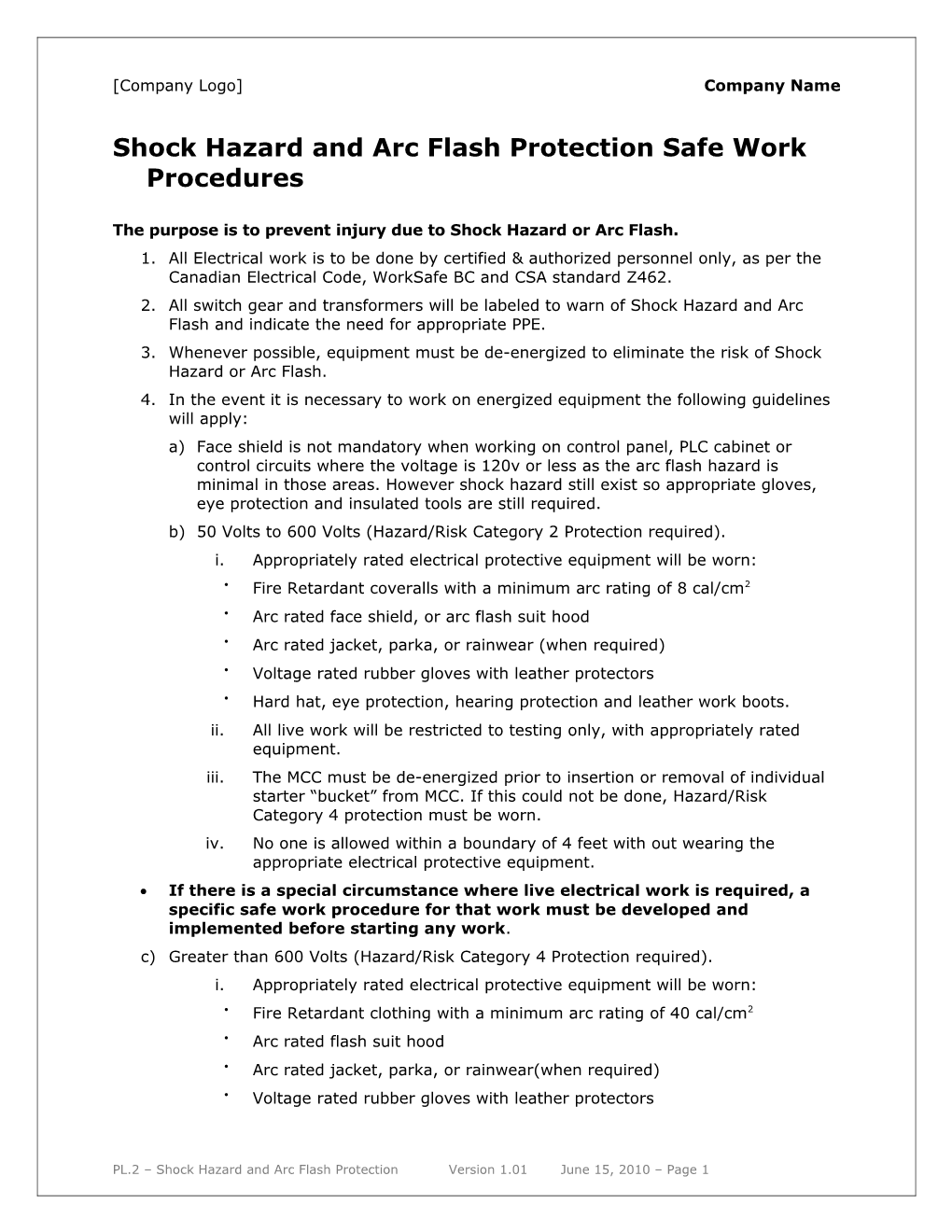 Shock Hazard and Arc Flash Protection Safe Work Procedures